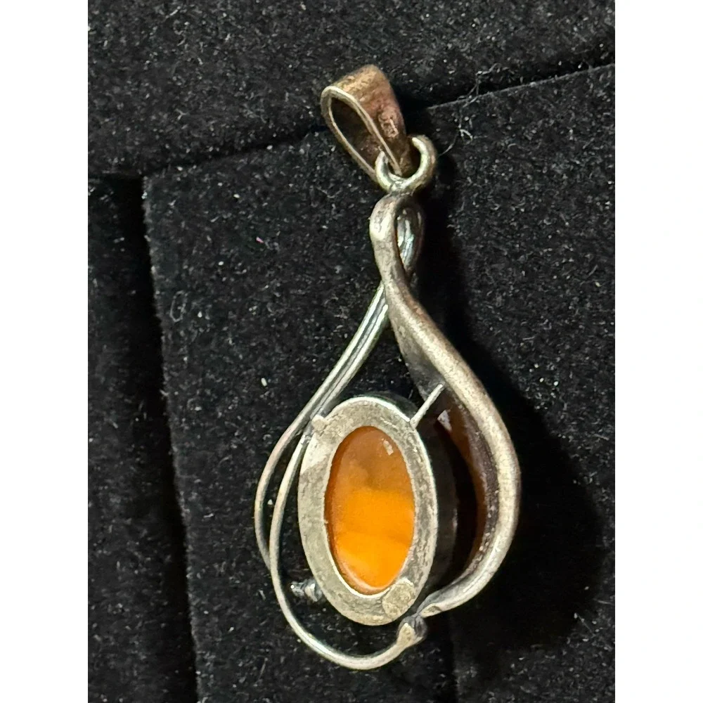 Large Chunky Vintage Sterling Silver Baltic Egg Yolk Amber Drop Pendant 925